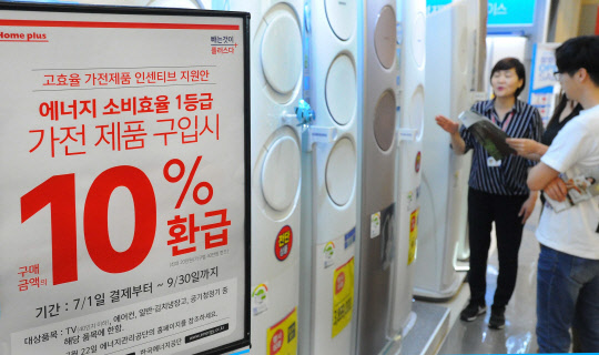 홈플러스가 오는 9월 30일까지 '고효율 가전제품 구매 시 인센티브 지급' 행사를 한다고 1일 밝혔다.       본 행사에서는 에어컨, 일반 냉장고, 김치 냉장고, 40인치 이하 TV, 공기청정기 등 5개 가전 품목 중 에너지 소비효율 1등급인 제품을 구매할 경우 구매 금액의 최대 10%를 환급해 준다. 사진은 서울 홈플러스 강서점에서 고객들이 가전을 고르는 모습.